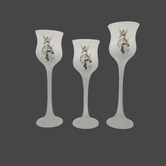 Set of 3 Frosted Glass Angel Stem Candle Holders – Holiday Pedestal Decor - Picture 2 of 7